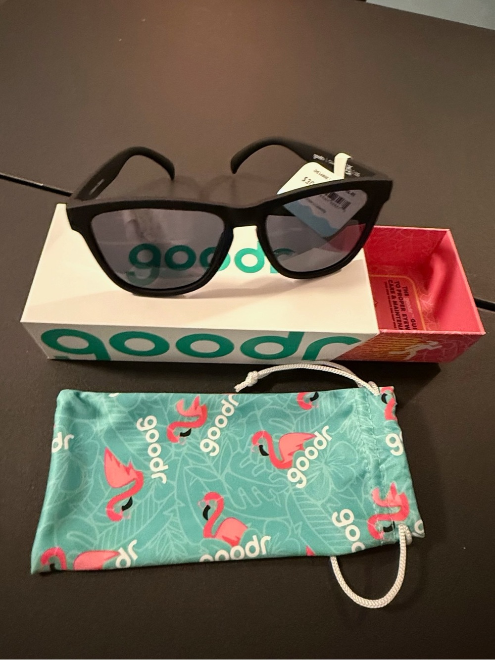 Goodr Men's Black Frame Sunglasses with Teal Flamingo Pouch